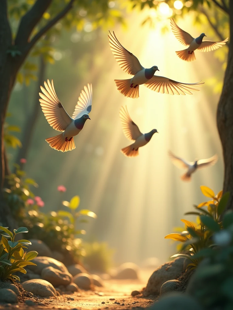 A whimsical Ksaba from delicately arranged flying peogion . It is set against a vibrant sunny background, where dappled sunlight Filters through the Canopy above, casting intricate shadows. The scene has an ethereal aesthetic with warm, earth Tones of sienna, Umber and olive green, Accented by hints of emerald and golden light, evoking a sense of wonder and enchantment as if plucked from a fantastical realm.