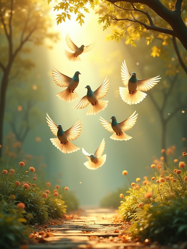 A whimsical Ksaba from delicately arranged flying peogion . It is set against a vibrant sunny background, where dappled sunlight Filters through the Canopy above, casting intricate shadows. The scene has an ethereal aesthetic with warm, earth Tones of sienna, Umber and olive green, Accented by hints of emerald and golden light, evoking a sense of wonder and enchantment as if plucked from a fantastical realm.