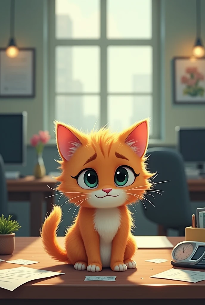 AI cat illustration drawn in Pixar style。The kitten is depressed after being scolded by his boss。In the background you can see an office with computers and desks.