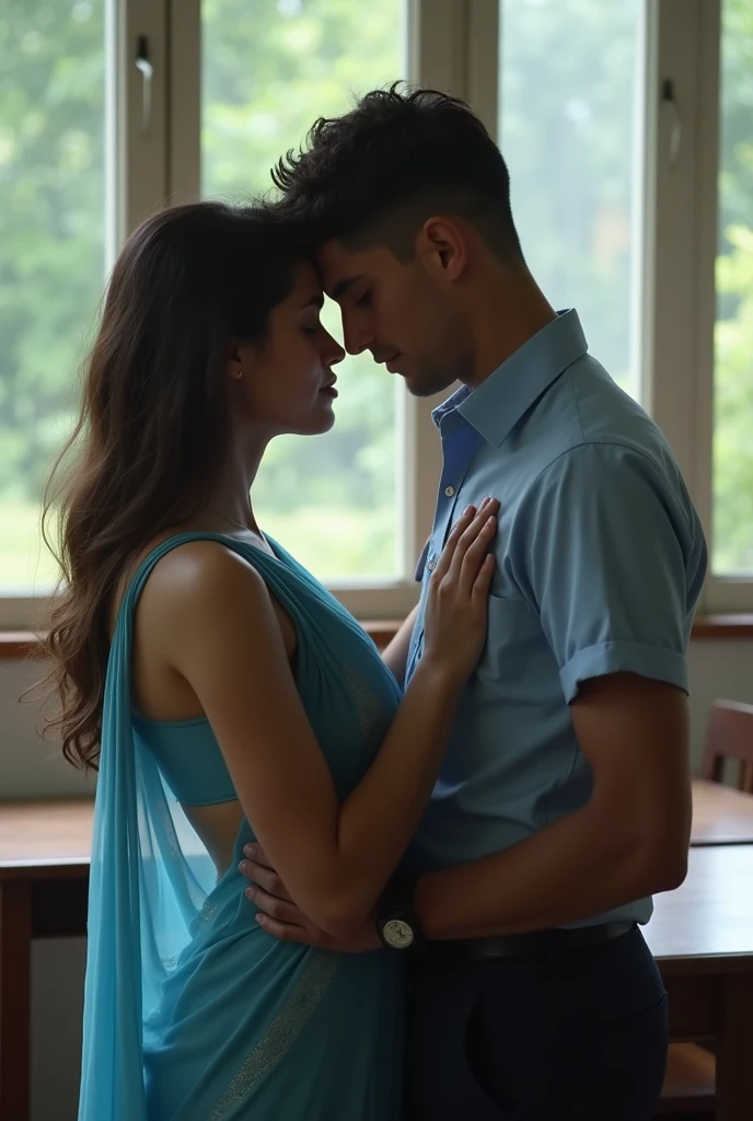 ultra real image , two lovers in school, young boy and teacher in school, romancing in the class table. the girl is wearing plain blue sheer transparent simple sari, young boy is pressing her breast with his hand, she is not wearing bra, boy is wearing uniform, young boy is hugging from behind nsfw ((nsfw 1:5))