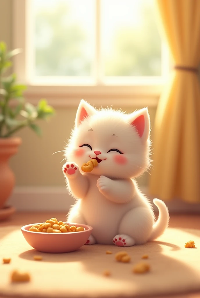 A friendly bright environment. In the middle sits a small kitten with a big belly and licks its paw contentedly. In front of him is an empty food bowl with a few crumbs in it