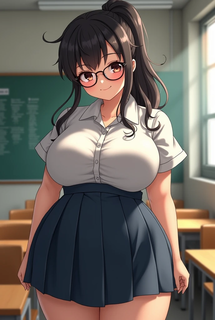 asian girl with messy long ponytail, no bangs, wearing glasses, curvy, plump, with huge breasts and ass, school uniform, classroom, upskirt, realistic, high quality,