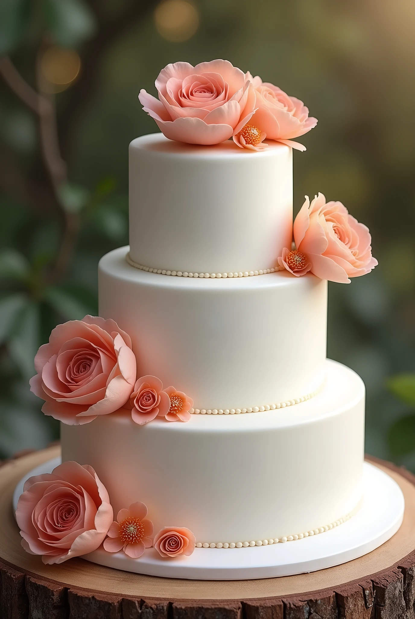 white 3-tier wedding cake with several salmon-colored flowers on a wooden table