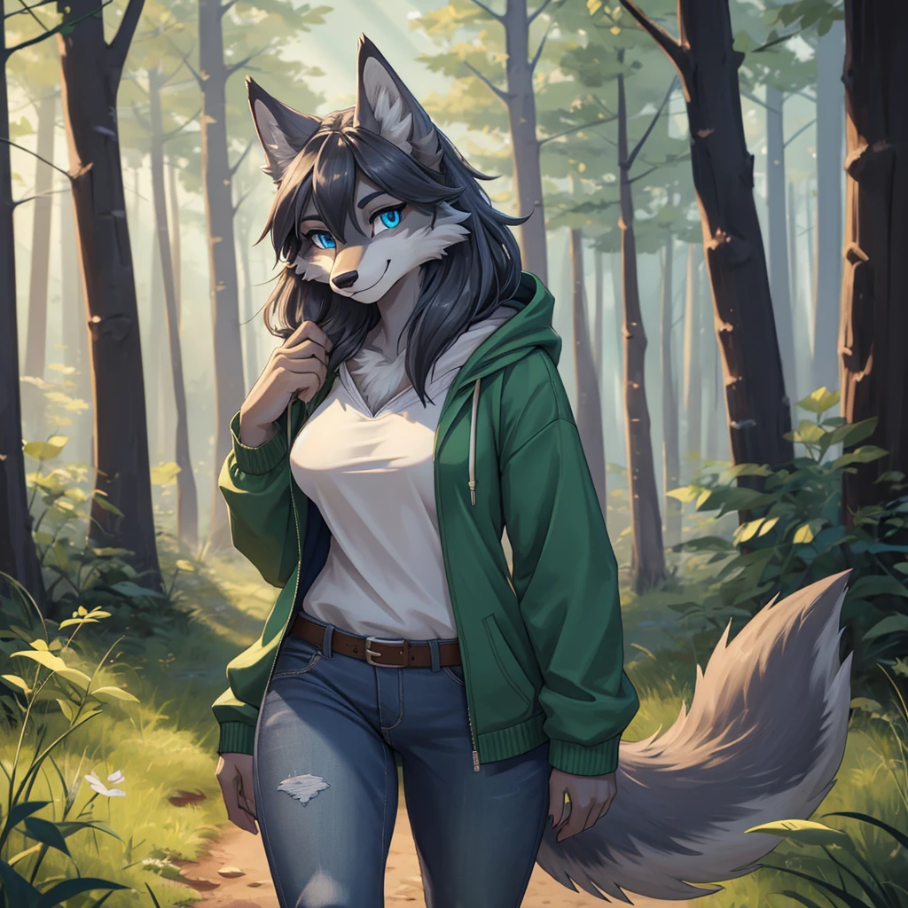 Masterpiece, best quality, high quality, 1Anthro Female wolf, has grey fur on her body, has 1Wolf tail, has Blue eyes, beautiful detailed eyes, has medium breasts, wears Green hoodie with farmer jeans, Smile, walking in the forest, Night