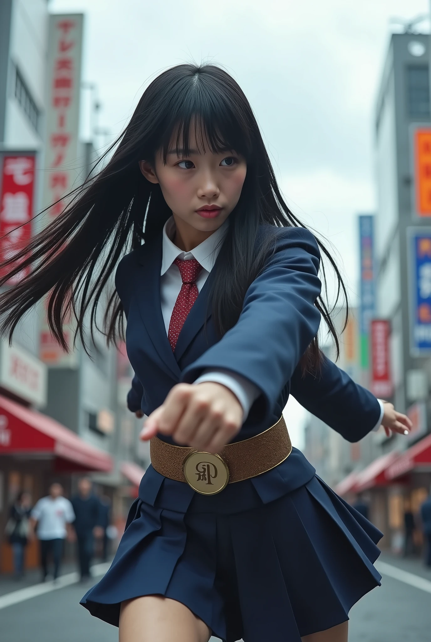 High girl taking a transformation pose、Shibuya、Cloudy、Black Hair、Shortcuts、Japanese、Real、photograph、Rider transformation belt worn、shout、pose、Dynamic composition