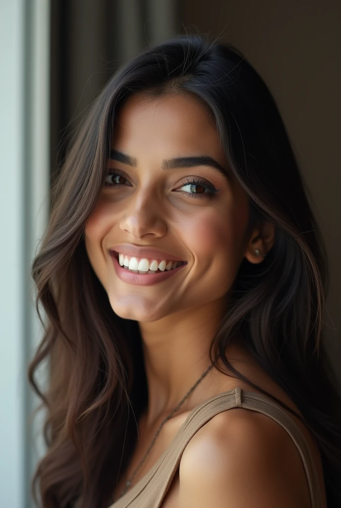 There is a young, Beautiful indian woman, who looks to the future like Katrina Kaif. Smiles into the camera, beautiful teeth. She stands there and looks into the camera, a portrait from raw photo, Modern clothing,