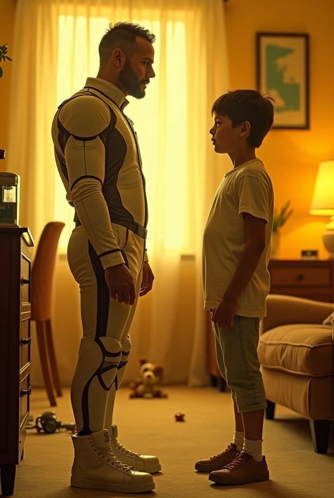A man from the future meets himself in the past when he was still a child Image in a yellowish tone with furniture from the 90s