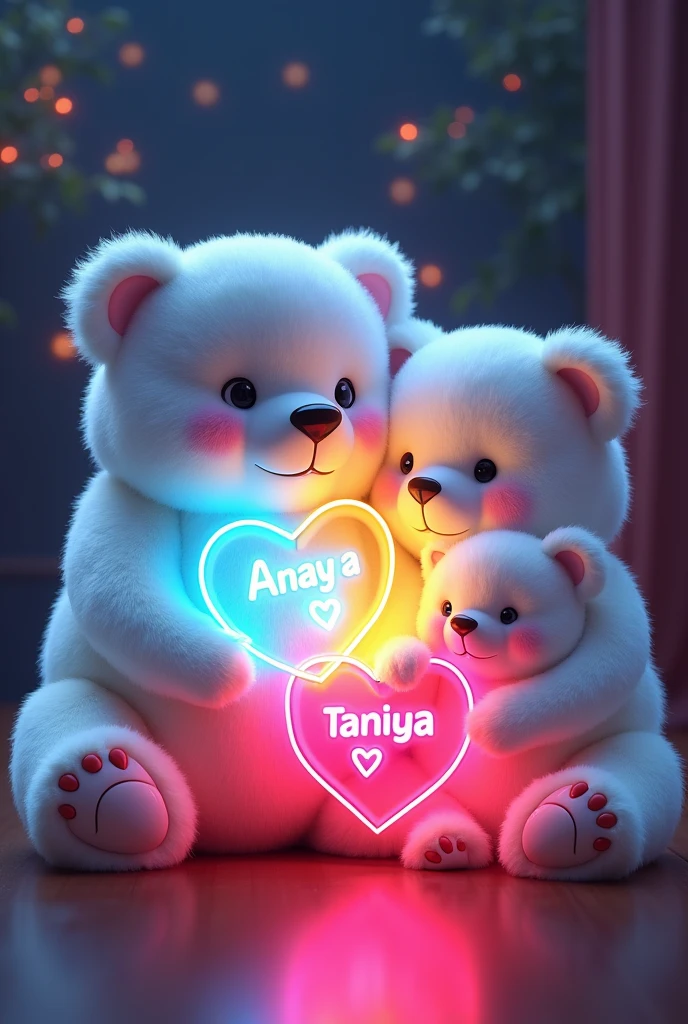 A captivating 3D render illustration showcases a charming trio of cuddly, adorable bears symbolizing love and celebration. The largest bear, adorned in white, holds a radiant blue neon heart inscribed with "Anaya." The medium-sized bear, also dressed in white, tenderly hugs a brilliant yellow neon heart labeled "Taniya." The smallest, endearing bear snuggles into a vibrant pink neon heart marked with "." The dark background accentuates the soft forms and affectionate expressions of the bears, emanating warmth, affection, and festive energy. The cinematic style and modern design harmoniously unite to create an enchanting artistic masterpiece. This piece combines the talents of portrait photography, illustration, typography, 3D render, cinematic approach, and fashion elements, resulting in a visually stunning and emotionally resonant, portrait photography, typography, illustration, cinematic, 3d render, fashion