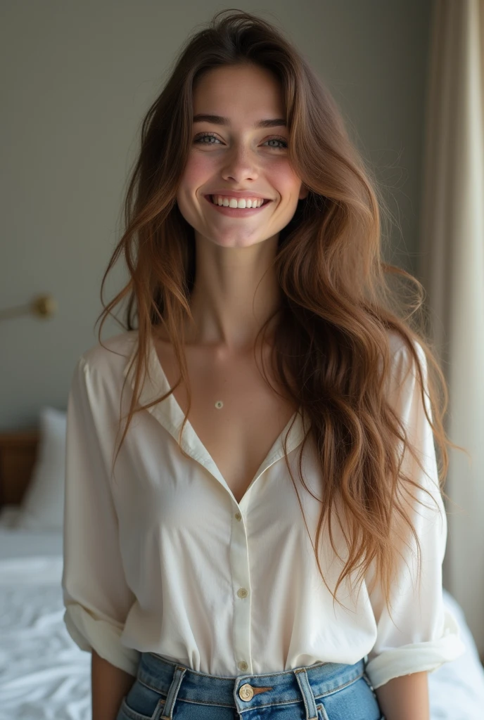 fot, Beautiful young woman, taken from a distance, that shows the whole body that everything appears, in the bedroom, white blouse and denim mini skirt, sexly, white color, long brown hair, a softened wry smile - contained excited happiness, soft lighting on the face, realistic skin-hair textures, sky blue eyes-mist, beautiful real textures and delicate aesthetics, seeing yourself in full body, remarkable tribute to the natural feminine beauty of the body, noise, 8 k quality, FOTO RAW, by professional photographer, rule of thirds, Extremely Detailed