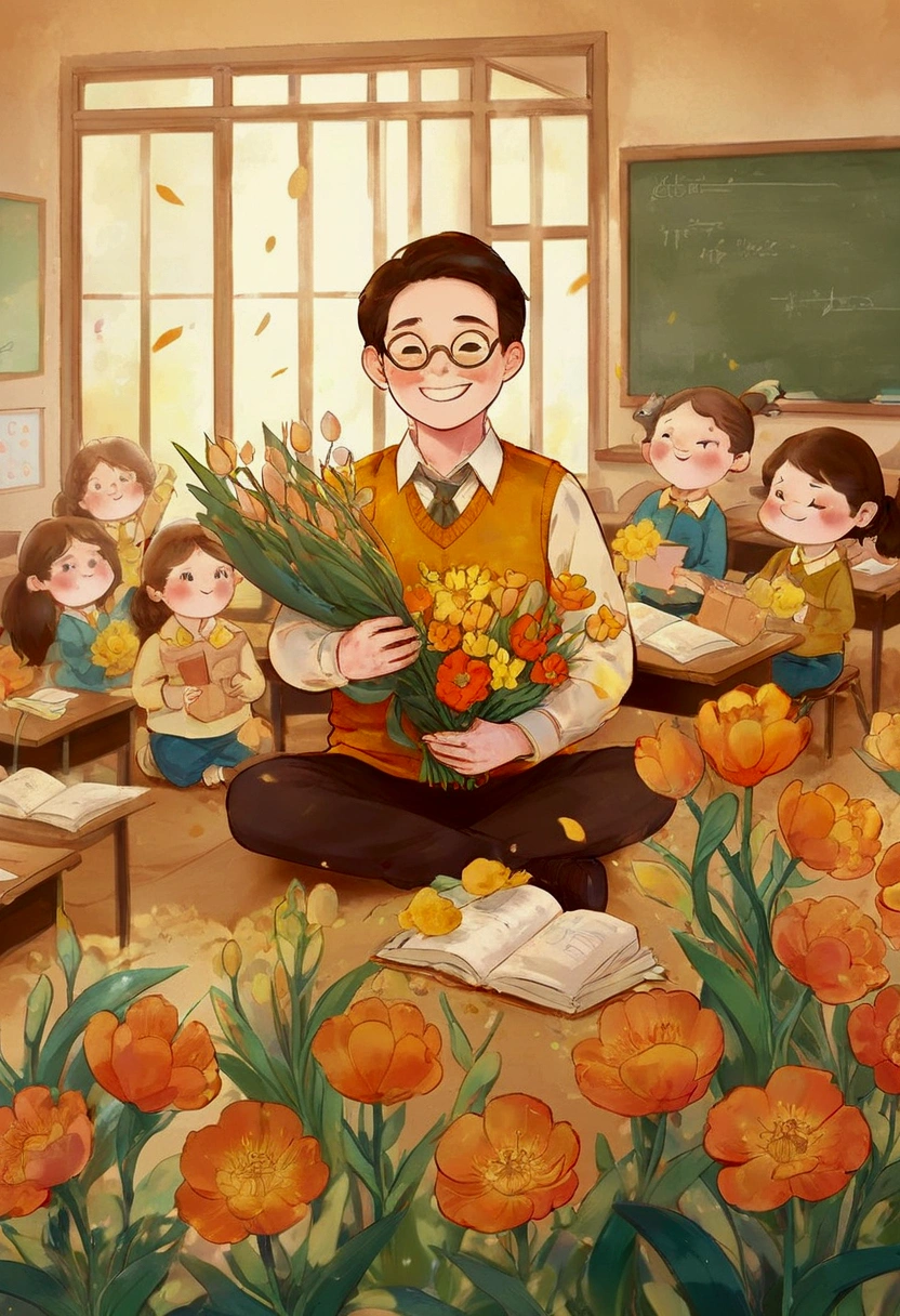 The classroom is filled with sunshine in the afternoon, A teacher wearing glasses happily holds flowers sent by students, warm tone, teacher's character design