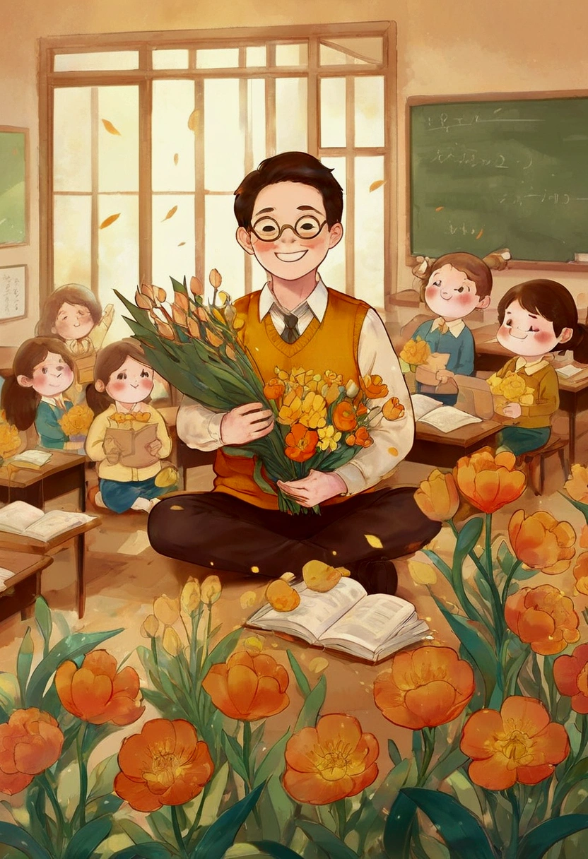 The classroom is filled with sunshine in the afternoon, A teacher wearing glasses happily holds flowers sent by students, warm tone, teacher's character design