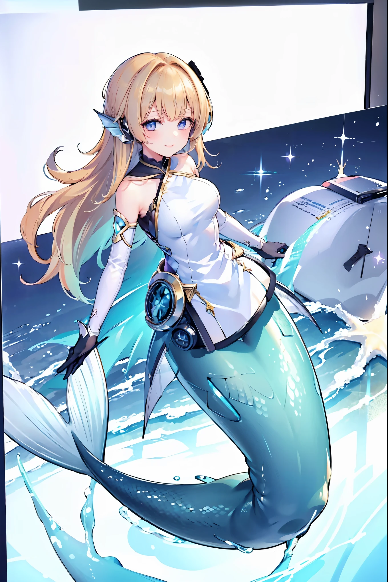 masterpiece, best quality,A girl,llmy\(shadowverse\),blonde,Blue Eyes,White Dress,Bangs,Black gloves,Mermaid,蓝色的Mermaid尾巴,full-body shot,beach,Sea view,Smile,