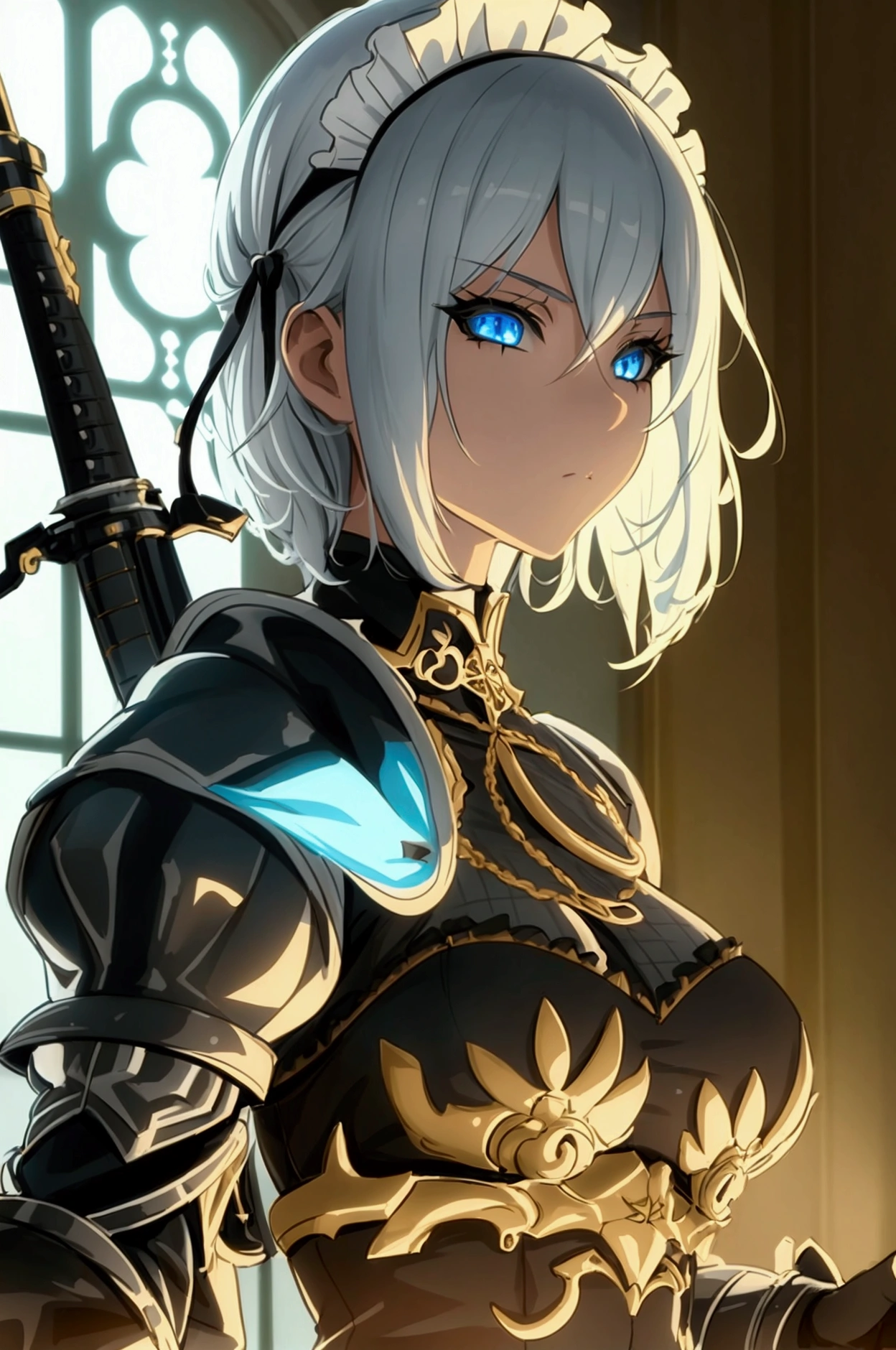 one girl, dynamic pose, extremely detailed, simple colors, holding weapon, battle maid, beautiful, anime style, psychopath like theme, short white hair, full body, intricate details, dramatic lighting, cinematic composition, high contrast, vibrant colors, chiaroscuro, digital art, concept art, masterpiece, hyper-realistic, 8k, HDR,, detaled outfit, show full body