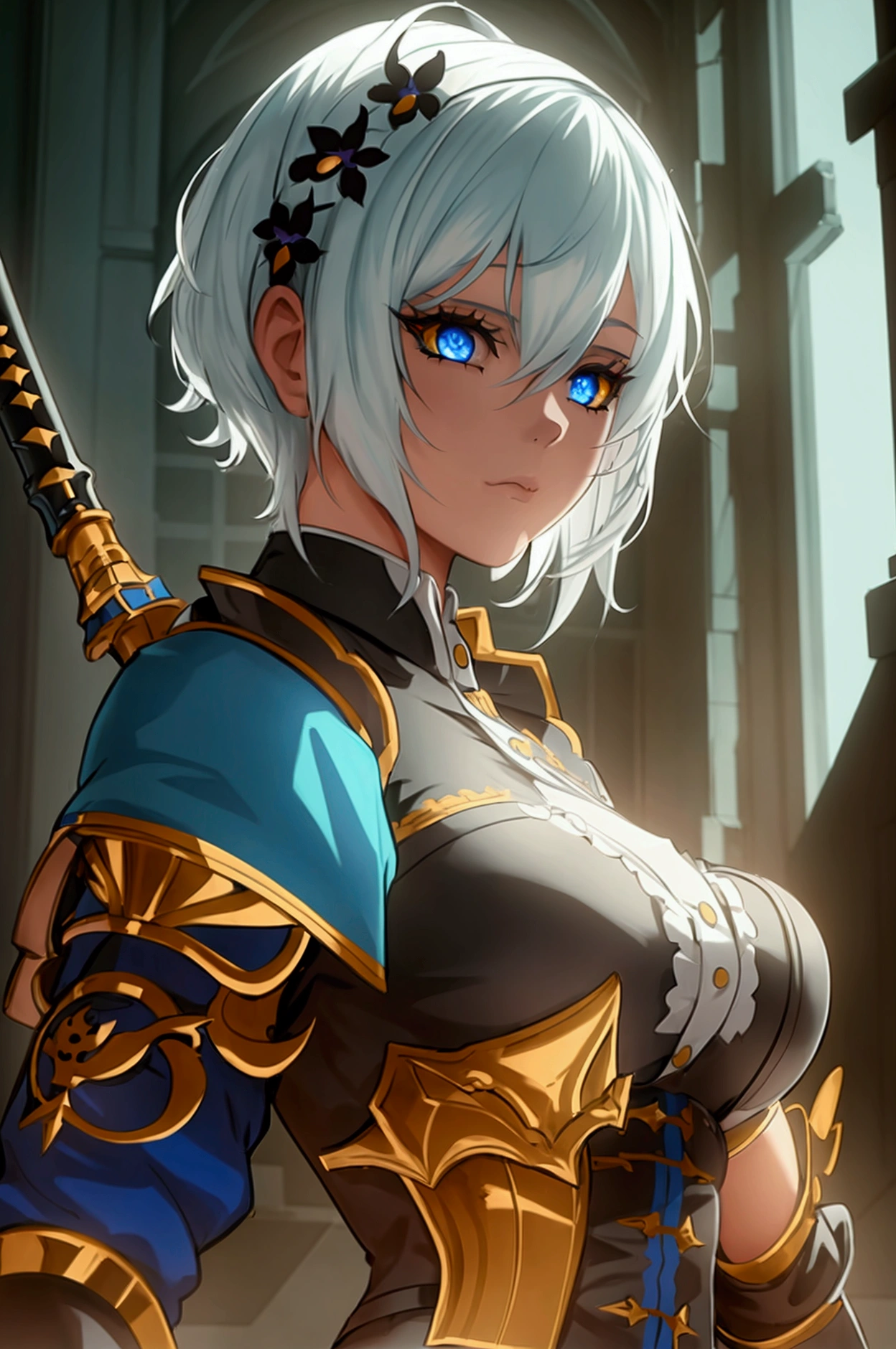 one girl, dynamic pose, extremely detailed, simple colors, holding weapon, battle maid, beautiful, anime style, psychopath like theme, short white hair, full body, intricate details, dramatic lighting, cinematic composition, high contrast, vibrant colors, chiaroscuro, digital art, concept art, masterpiece, hyper-realistic, 8k, HDR,, detaled outfit, show full body