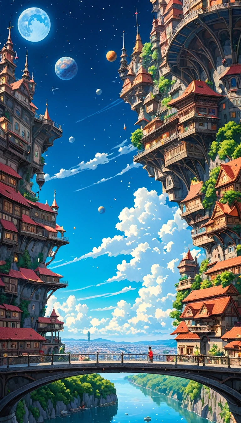 ((only background)), ((anime:1.4,illustration)),(masterpiece, top quality, best quality),(ultra-detailed, absolutely resolution),((8k, high res)).(reflect),
BREAK {(anime movie by Studio Ghibli Style: 1.5)}
BREAK {dfantastical upside-down city. The city should appear as if it is hanging from the sky, with buildings, streets, and bridges all inverted. The architecture should blend modern and futuristic styles, featuring intricate details, vibrant colors, and a mix of geometric and organic shapes. The buildings should include spires, towers, and illuminated windows. The sky above the city should be filled with stars and swirling clouds, creating a surreal and dreamlike atmosphere. Below the inverted city, depict a calm, clear body of water reflecting the cityscape, enhancing the mirror effect. Include subtle elements such as distant planets or moons in the sky}

BREAK { (produces images with information than 40 million pixels with cinematic-like detailed textures shot on a Sony SLR).}

BREAK {(((cinematic look))), soothing tones, insane details, intricate details, hyperdetailed, low contrast, exposure blend, hdr, beautiful blue image, (hi contrast),Sony SLR.}
