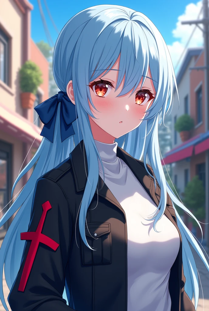 An 16 y/o anime girl with light blue long hair black jacket white under turtleneck and an red Sword logo on her jacket and a blue bow on her back on a town at Day time