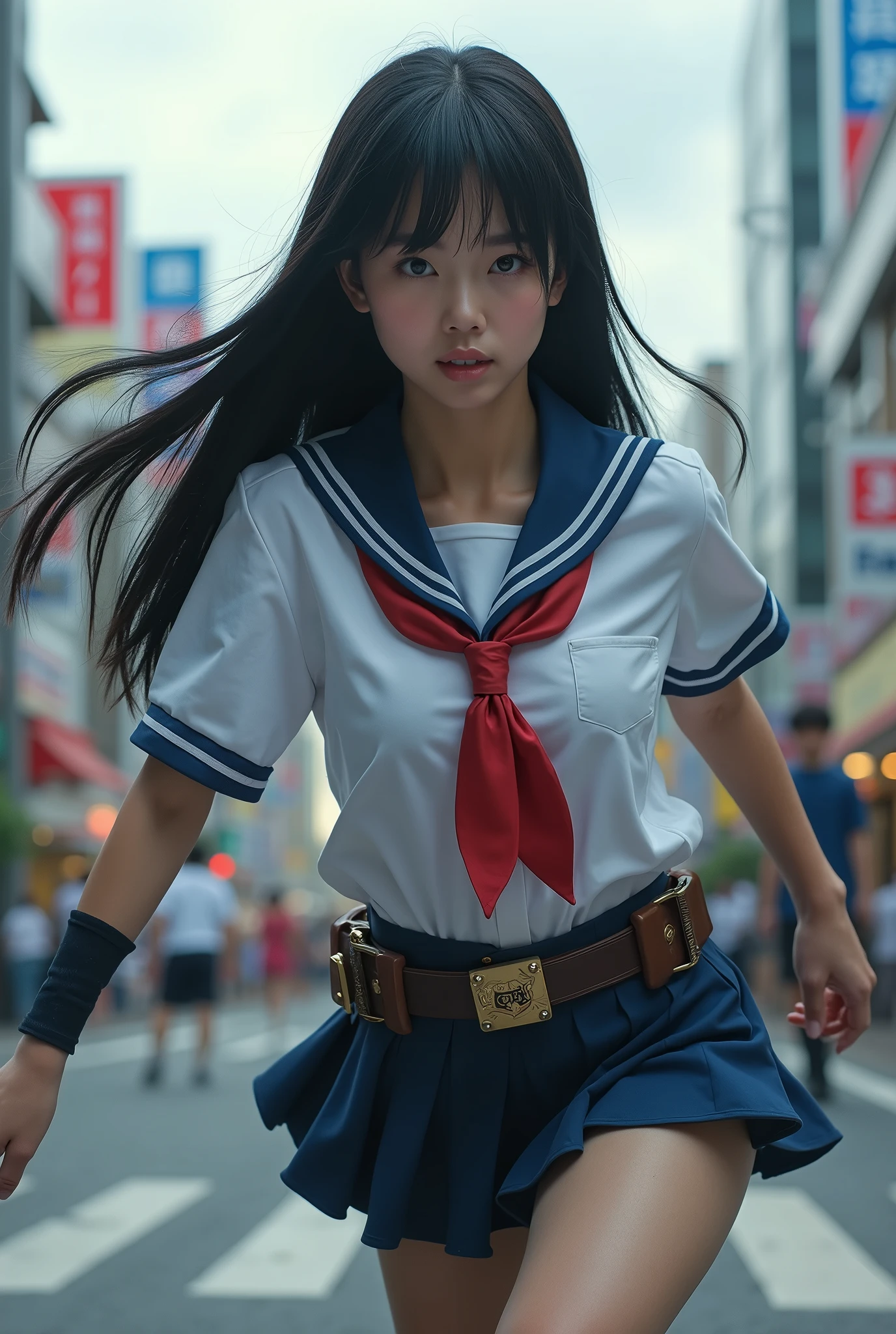 High school girl taking a transformation pose、Shibuya、Cloudy、Black Hair、Shortcuts、Japanese、Real、photograph、Rider transformation belt worn、shout、pose、Dynamic composition