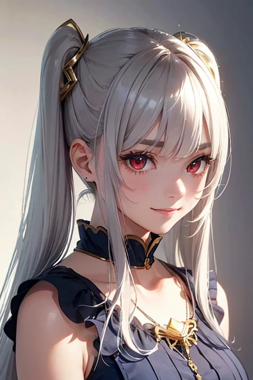 (Highest quality, masterpiece:1.2), High resolution, The highest masterpiece、Very detailed, Realistic:1.37, Fantasy, An illustration,Gray Hair、 ((Red eyes)).Queen, Navy and blue dress、beautifully、Eyeshadow Red、Thick eyebrows、Long eyelashes、pupils are black、shiny on the lips、Top Sites、Queen、Princess、A kind smile、Soft impression、people々々々々Loved by、Slimming the face、Shoulder Bare、ponytail、Kissing Face、(Long white hair).Shaggy Bangs、(Save face image).(Training camp)、(A kind smile)、(Background white)、(Gold Necklace).((Twin tails)).