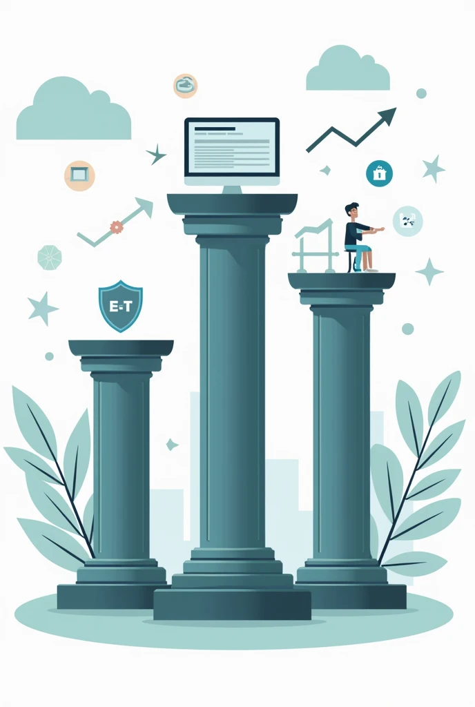 "Create an image of three interconnected pillars labeled Expertise, Authority, and Trust, each supporting a website structure at the top. Surround the pillars with icons representing high-quality content, backlinks, and security (such as a shield). In the background, show upward arrows and search ranking symbols, signifying the impact of E-A-T on SEO performance."