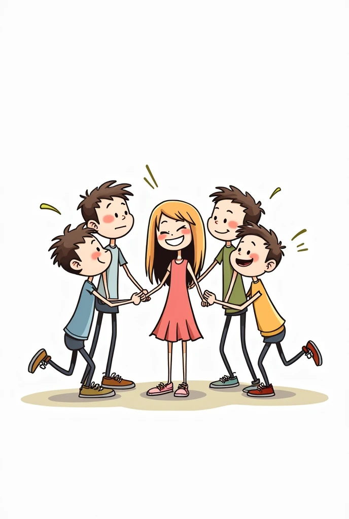 sketch me a 5 friends (1 , 4 boys) stickman with funny things