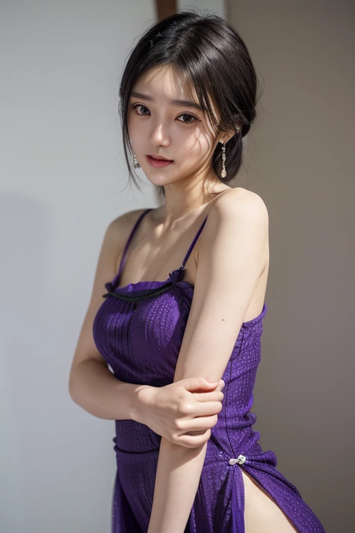 (2 Japanese girl,), (Small breasts:1.5,),(solo,Textured skin, Detailed skin,Detailed face,Detailed eyes,detailed posing,Natural eyebrows,Perfect limbs,High detail, Highest quality, Super detailed, Surrealism, ,8k,RAW Photos,Photographicism,Professional Lighting,Portrait Photography,),((Black Hair, Dark Eyes,Natural Makeup,Simple earrings,Bob Hair,happiness/joy)),(((Purple long dress with slit,)))
