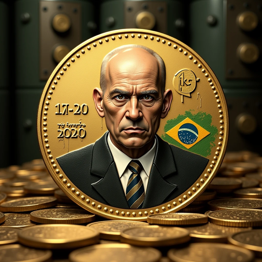Bald man minted on gold coin, describes a bald dictator, with suit and tie, brazileiro, Brazilian flag minted, water leaks in the coin, just a coin standing facing the round camera, with some minted details, giving impression of value, Ao fundo, piles of coins and safes, ultra wide angle image with high definition