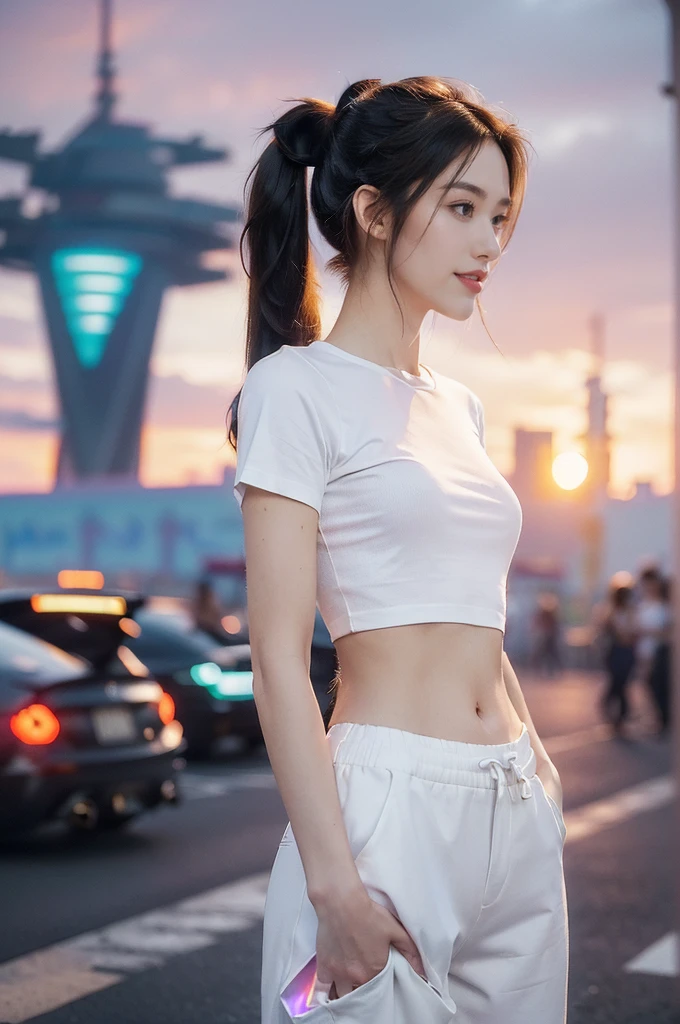 (((best quality))),(((ultra detailed))),(((masterpiece))),illustration,((1 beautiful girl,solo)),(short half-ponytail:1.5),(fair skin:1.3),(detailed eyes:1.3),(smile:1.3),((slim,thin)),((small breasts,flat chest)), (white short-sleeved t-shirt:1.3), (white sports pants:1.3),(slender legs:1.2),(standing:1.3),((vibrant colors, soft glow)), (active and healthy lifestyle,youthful charm),((on the street,cyberpunk city, towering skyscrapers)),(warm sunset glow:1.3),(detailed background:1.3),((vivid neon signs, holographic advertisements, electric atmosphere)),((summer,dusk scene)),((from front,upper body))