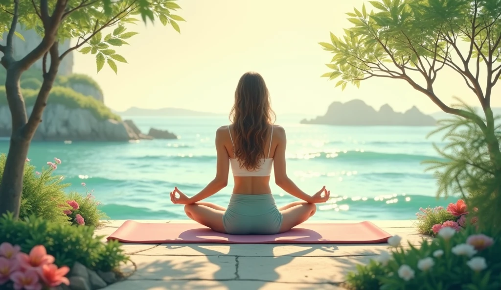 A serene background with soft, natural elements like flowing greenery, flowers, gentle waves, balanced mix of wellness items like a yoga mat, serene moments of self-care, Incorporate imagery of a woman practicing yoga or meditation in nature. “Find Your Balance, Live Your Best” in a clean, readable, modern font,