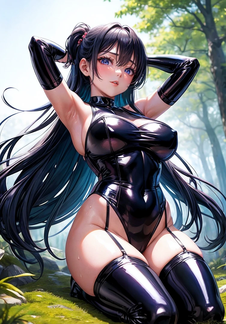 Japanese Idols　Mature Woman　Campaign Girl　Ultra-shiny enamel leotard with sponsor logo　High Leg　garter belt　Super shiny stockings　Ultra-shiny patent leather evening gloves　in the forest　Underarm　Drawn from below　Sweat　Place your hands behind your head