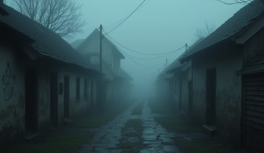  A foggy, desolate village at dusk. The camera moves slowly through narrow, empty streets lined with old, crumbling houses. A sense of dread hangs in the air.