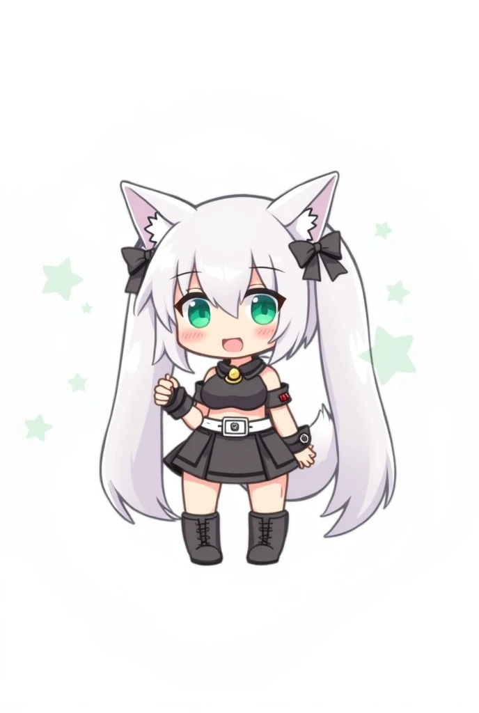1girl, solo, ahoge, cute, animal ear fluff, animal ears, bangs, belt, black gloves, black shorts, black skirt, blush, boots, breasts, chibi, fingerless gloves, full body, gloves, green eyes, long hair, shorts, skirt, standing, tail, transparent background, hair:twintails, virtual youtuber, white background, white belt, white hair