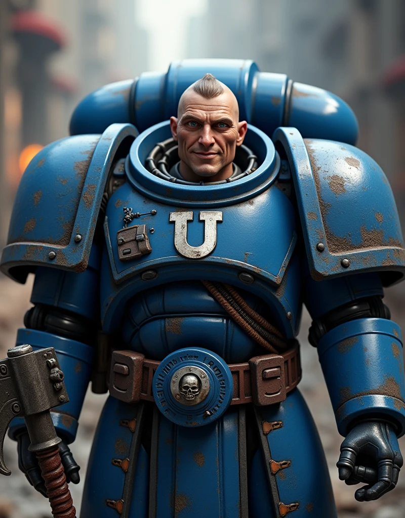 front view a spacemarine of Warhammer The Horus Heresy in blue armor of "Ultramarines" legion, on his blue shoulders of blue armor is big white symbol as white Latin letter "U", his face with strict features, light-blue iris of the eyes, grin in the facial expression of the mouth, his power axe in his hand, photorealistic, photo of Nikon Z60