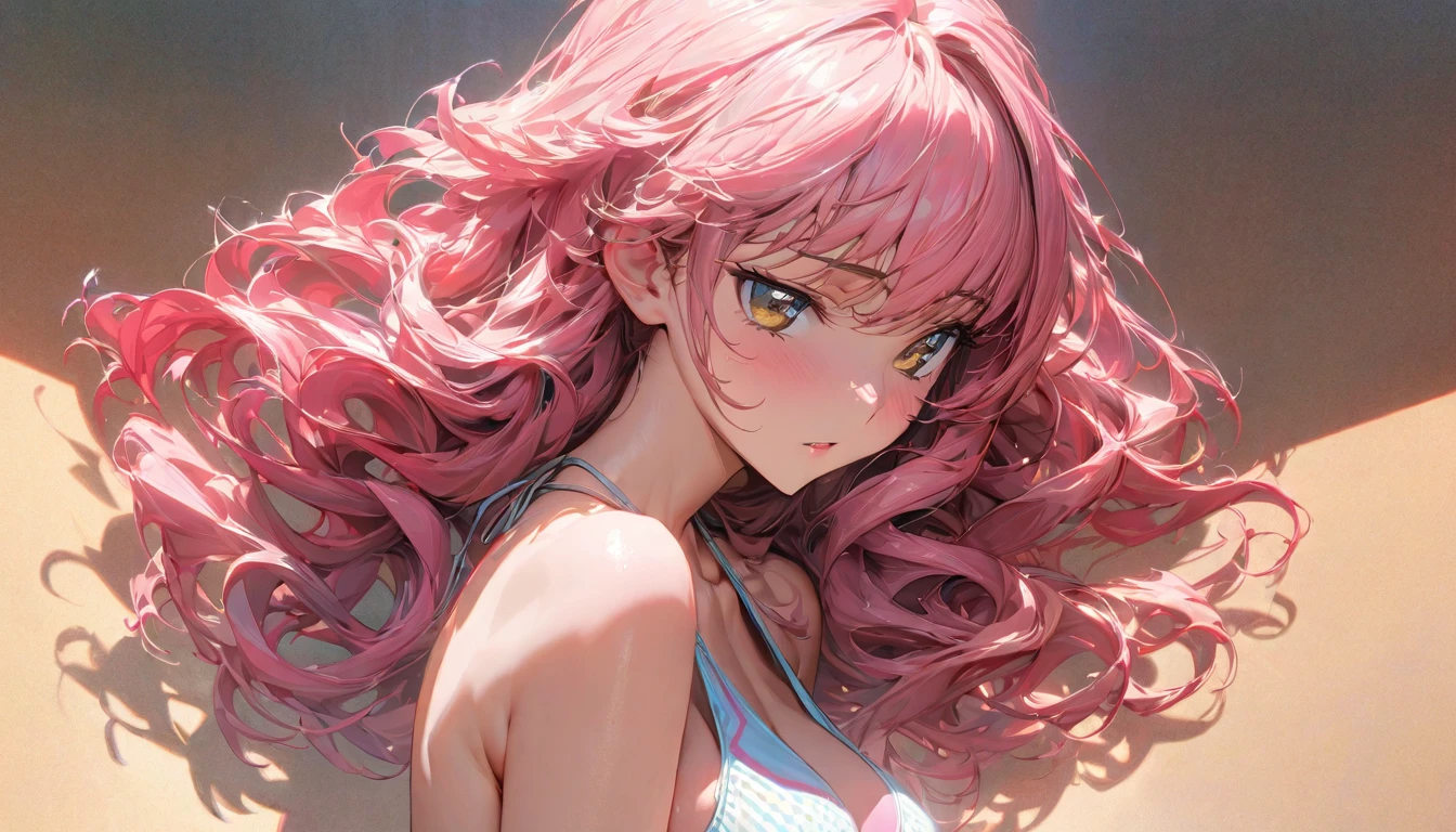 One person, adult, woman, Ultra-high resolution, 超detailed, Highest quality, 8k,((Highest quality)), ((masterpiece)), (detailed),Face direction(front),Hair Color(Bright pink,delicate hair texture), Hairstyle(Soft and fluffy,Shortcuts ), background(outside,morning),eye(きれいなeye元), clothing(Swimwear,),expression(Exquisite features depicting a perfect face),Body Type(model,Naturally beautiful, Beautiful breasts),Perfect hands,完璧なwoman像, Dramatic Shadows,Sexy pose,Anime characters, Code Geass,posture(cute),professional