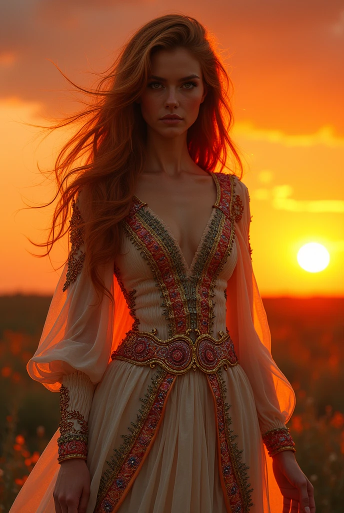 (Absurd, High resolution, Super detailed), One girl, Zodiac sign - Aries Goddess , alone, mature, Baroque, Long dress, Long sleeve, elegant, colorful, Most detailed, Upper Body , Sunset Hair . Eye of Fire . Brave, Selfish, Productive, The face of an enterprising humanitarian .