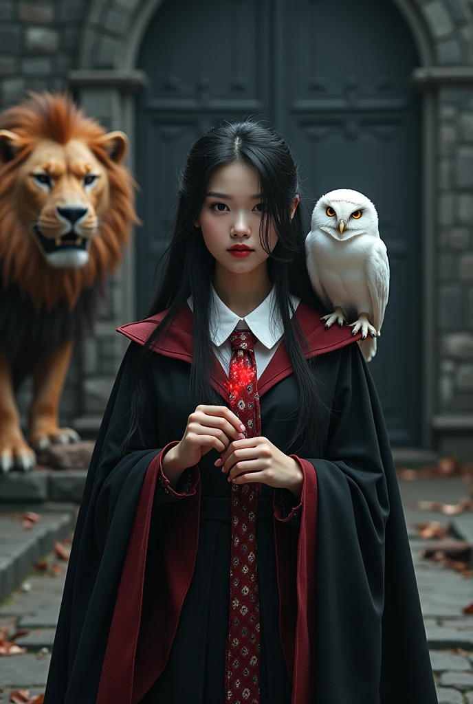 photorealistic photo, asian woman, white skin, Facing straight, Fluffy black hair, Slender fingers, There are five fingers on each hand., Black witch cloak, Red inner hood, black witch hat, White collared inner shirt, Red and white patterned tie, Holding a small, straight wand, There were several red sparks and red smoke coming out of the wood., A white owl stands on the right shoulder., A large golden lion with a fiery red mane appeared from the left rear., The background is an old black castle.