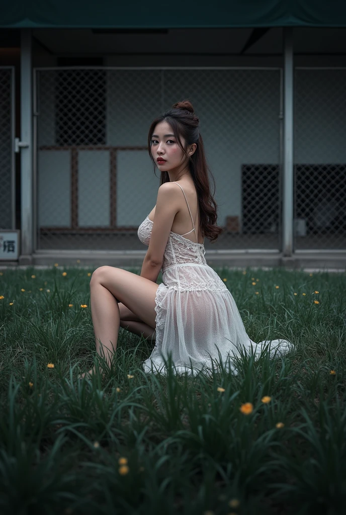 (Highest quality:1.4),(masterpiece:1.4),(Realistic:1.4),(Realistic:1.2),(超High resolution, RAW Photos:1.4),(High resolution, Very detailed:1.2),(8k:1.2),photograph,(Shot from behind:1.3)、Korean women、brown hair photos,One Woman,alone,(In underwear),Very large breasts,((Thigh to head shot:1.3))、(((topless、You can see her large breasts from the side.)))、((Toothy smile))、((Very large breasts:1.4))、Realistic skin textures、Slightly freckled、Slender figure、Realistic skin textures、((background,Backstreets of Osaka:1.3)),(topless,The breast is visible from the side:1.6),(Long lace slip,White)、3 woman、The angle at which the nipple is not visible、((Updo long hairstyle))、((Black,Long lace slip:1.4))、Correct toes、Detailed facial features、Long slip covers the buttocks and soles of the feet、Long slip covers your butt、