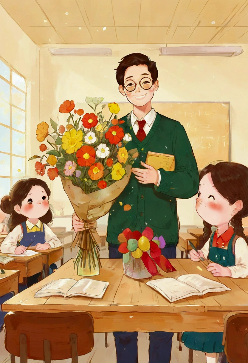 The classroom is filled with sunshine in the afternoon, A teacher wearing glasses happily holds flowers sent by students, warm tone, teacher's character design
