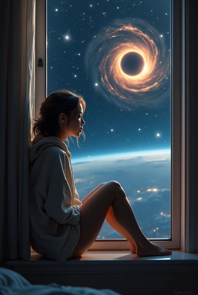 beautiful girl in a home hoodie sits on the windowsill. From the window there is a view of space and a black hole. Cosmos, figure detailing, sexually.