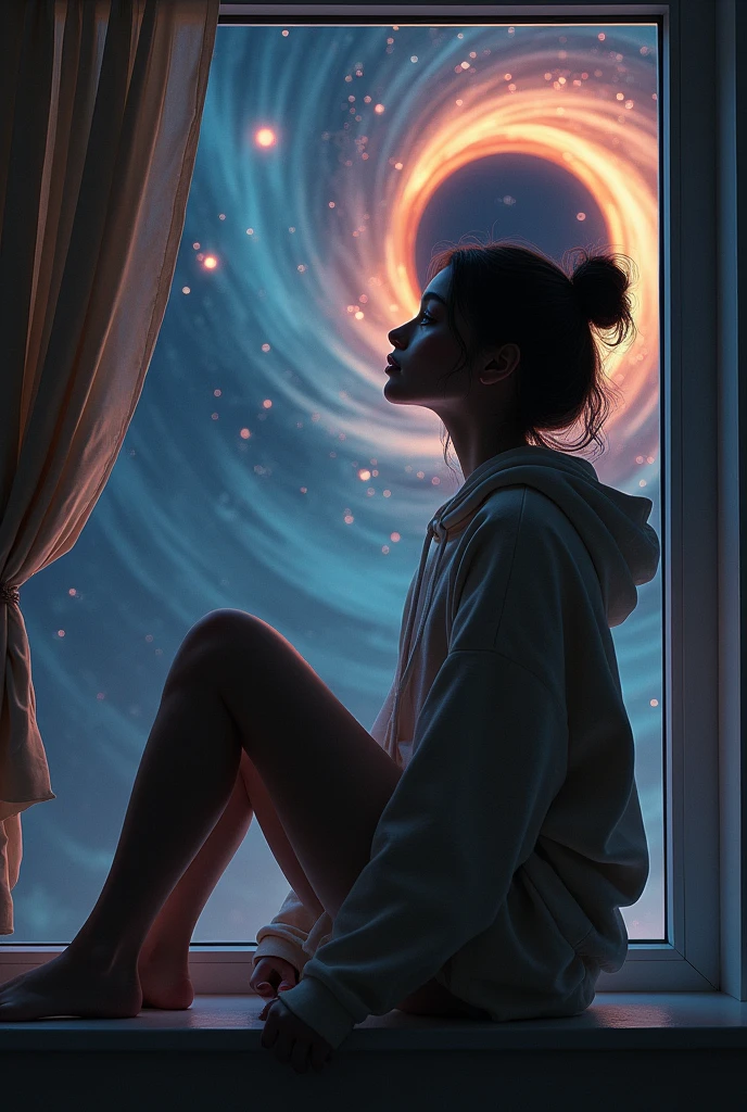 beautiful girl in a home hoodie sits on the windowsill. From the window there is a view of space and a black hole. Cosmos, figure detailing, sexually.