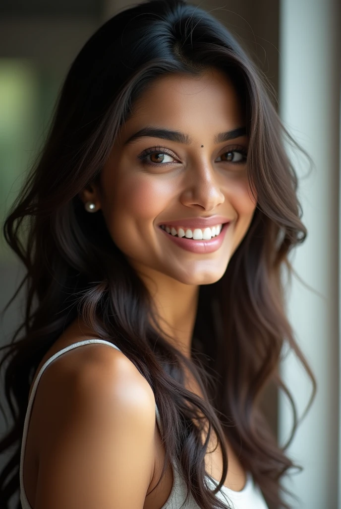 There is a young, Beautiful indian woman, who looks to the future like Katrina Kaif. Smiles into the camera, beautiful teeth. She stands there and looks into the camera, a portrait from raw photo, Modern clothing,