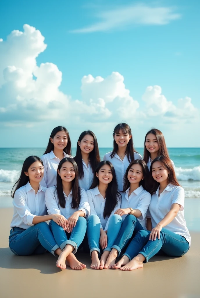 professional photography there are 8 beautiful Indonesian women, who wears a white shirt , jeans, in tune sitting , with the background on the beach with the attractive lapping of the waves and bright blue clouds. fullHD, ultrahd+ ,  Earth&#39;s atmosphere,realistic, looks authentic, dramatic scene, must be detailed