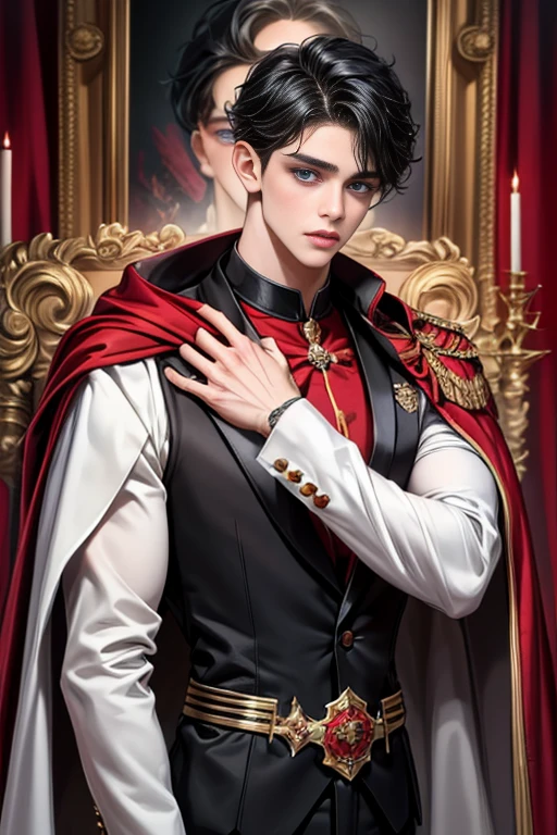 masterpiece, 最high quality, high quality, 1 boy, alone, Male focus, Upper Body,Watching the audience, Messy black hair, Adorable big blue eyes, White, Noble, Noble,A black and red cape that is bursting with sexy volume、Tuxedo、A very voluminous, large, very large, very large, long, long red and black cape with a high stand-up collar, made of a lot of fabric that reaches down to the floor., ,cute beautiful,Cute, cute, kind, handsome guy