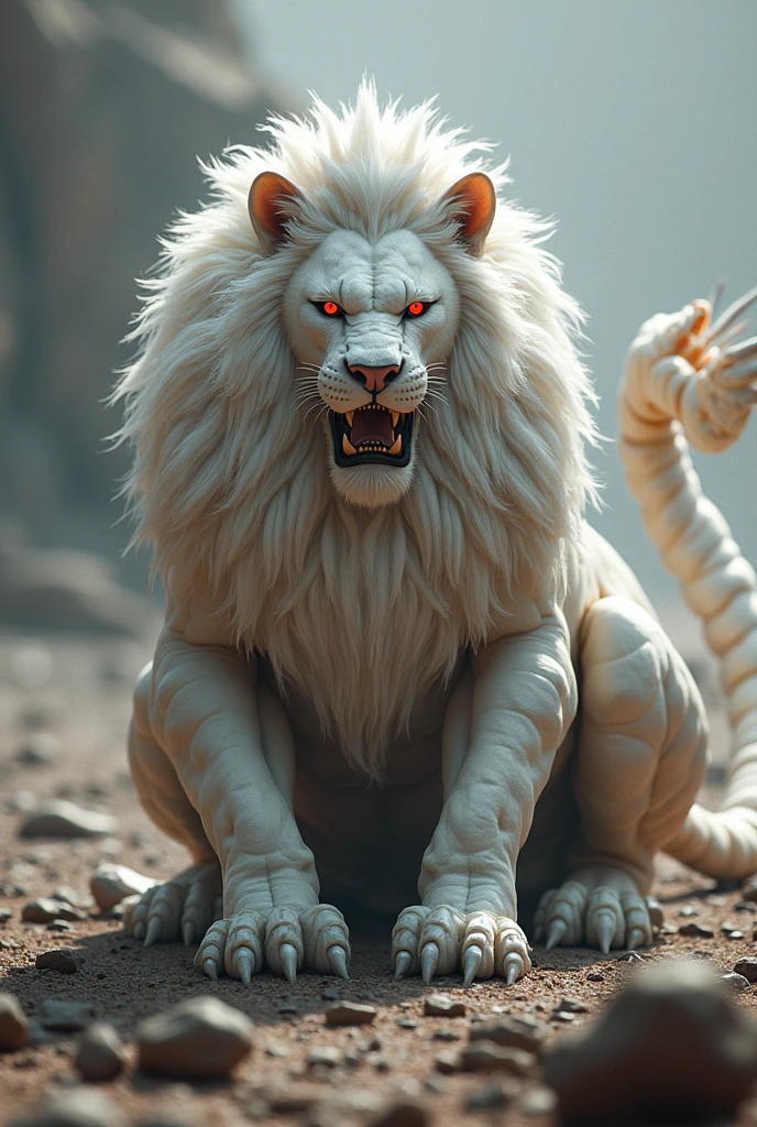 Make a lion with white costum and red eyes with long hair sitting on scorpion angry eyes