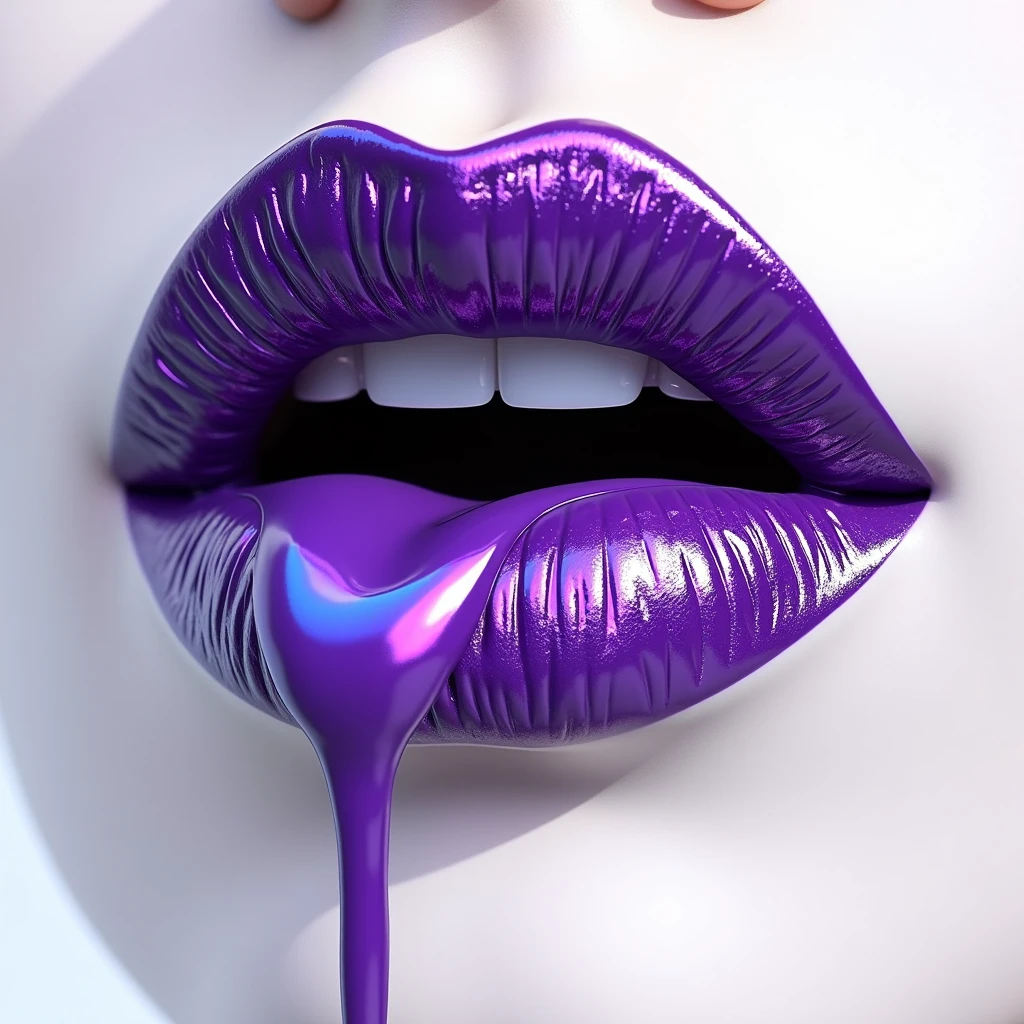 A 3D render of a close-up shot of a woman's royal purple lipstick. The lipstick appears to be melting and dripping, revealing a vibrant, iridescent shade beneath. The intricate details of the lips showcase a realistic texture, enhanced by skillful shading. The striking contrast of the vivid lip color against the pristine white background creates a mesmerizing visual experience.