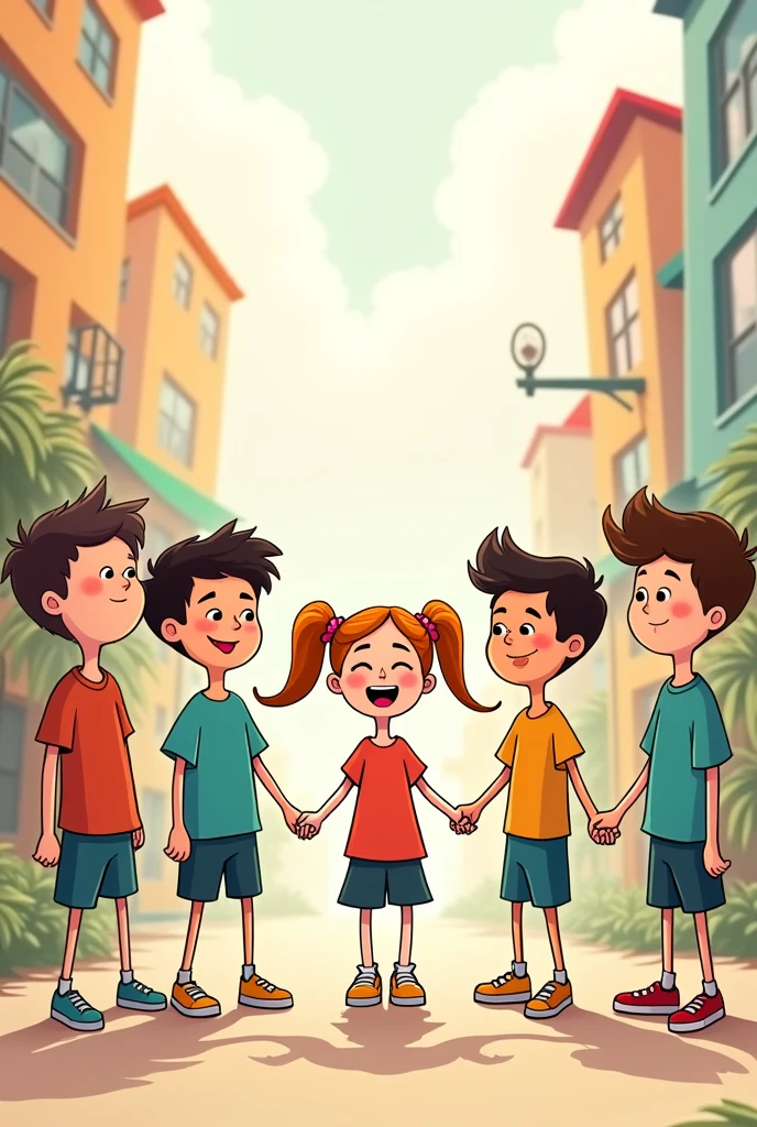 sketch me a 5 friends (1 , 4 boys) stickman with funny things (short pixie cut haired girl)