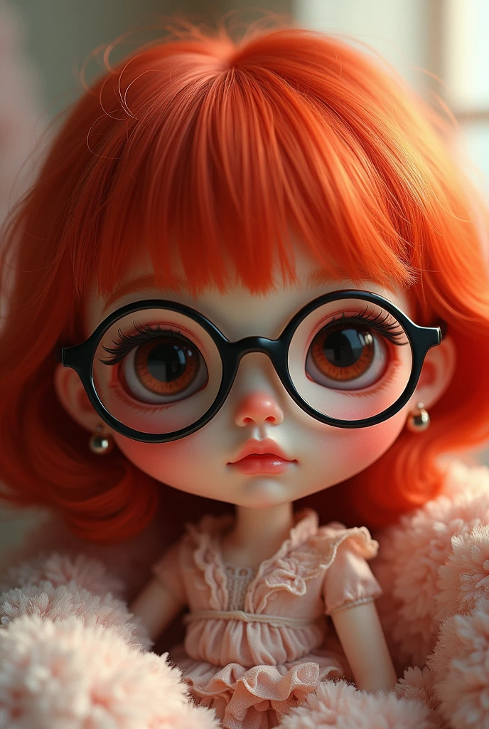 imagine a blythe doll with red hair with certain bangs, black eyes with round glasses