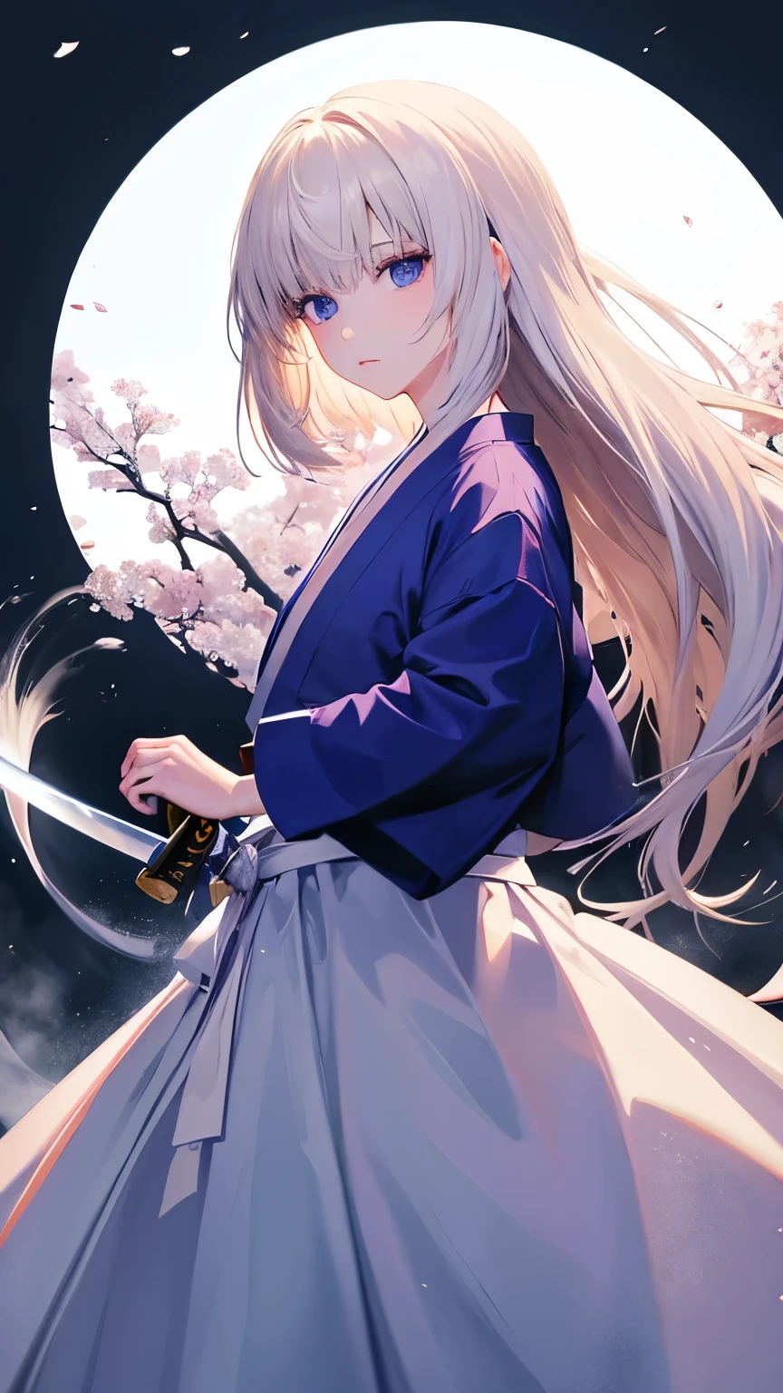(high quality、masterpiece、be familiar with、normal body)((Beautiful girl with a Japanese sword in her right hand:1.4、white long hair、Eyes that emit a mysterious light))、Wearing a mysterious robe、wearing a skirt:1.2、moonlight、standing、Battoujutsu、Absence、Hiten Mitsword Style Secret Technique Tensho Ryusen
