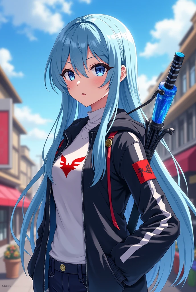 An 16 y/o anime girl with light blue long hair black jacket white under turtleneck and an red Sword logo on her jacket and a blue bow weapon on her back on a town at Day time