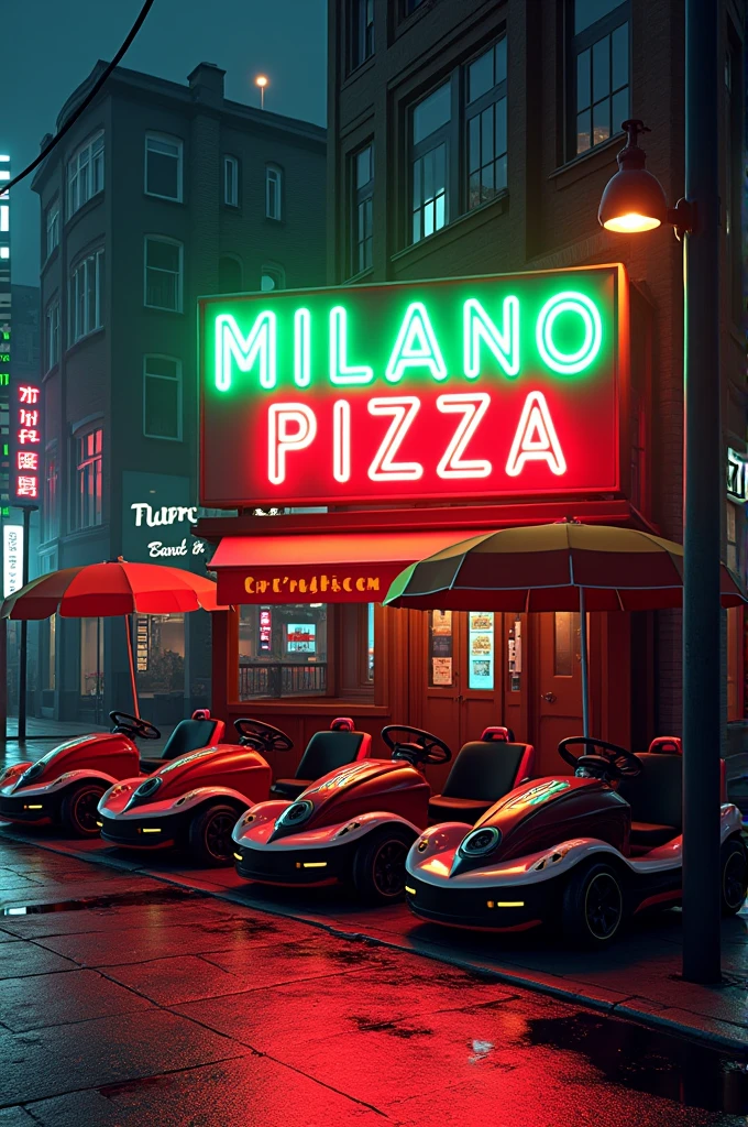 Milano Pizza sign in the colors of Italy with electric karts 
