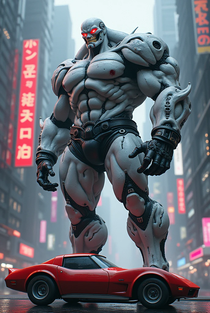 A big giga muscular men cyborg with scars on all body, red eyes, very white skins, scars everywhere, grab a car in histoire hand, a neon luminated and colored city scenery.